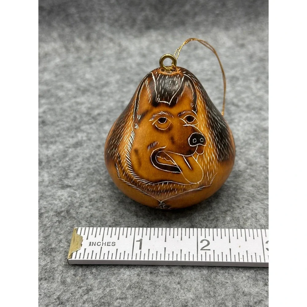 Lucuma German Shepherd Hand Carved Gourd Ornament Peru Folk Art Dog Decor